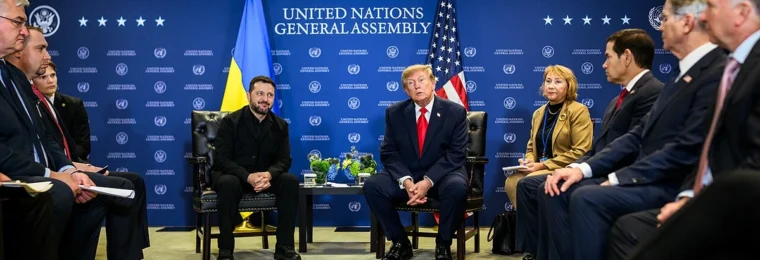 US President Donald Trump and Ukrainian President Volodymyr Zelenskyy seated at a meeting at the United Nations in September 2026.