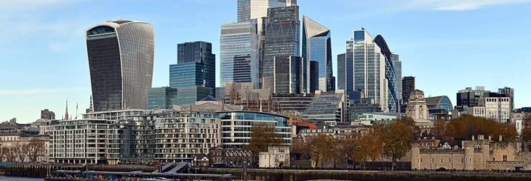 City of London financial district buildings seen across the River Thames.