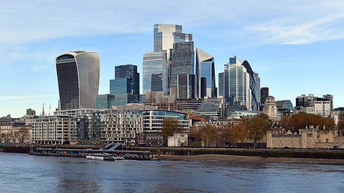 City of London financial district buildings seen across the River Thames.