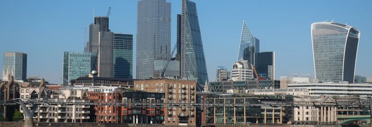 The City of London financial district skyline viewed across the River Thames.