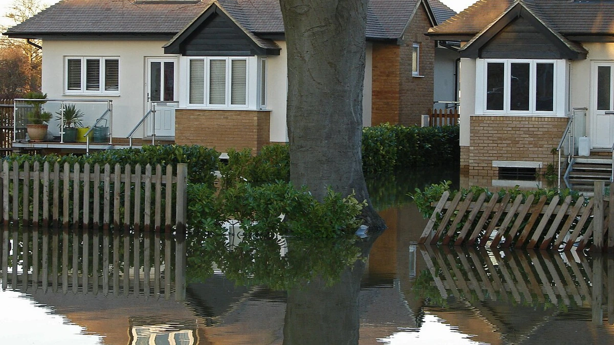 Floodwater surrounding homes in Chertsey, Surrey.