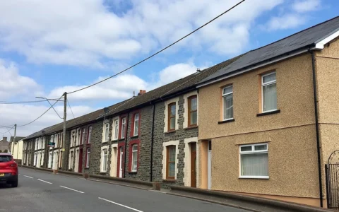 Terraced houses lining a street in Ynysybwl, Wales.