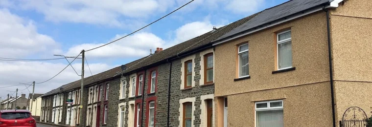 Terraced houses lining a street in Ynysybwl, Wales.