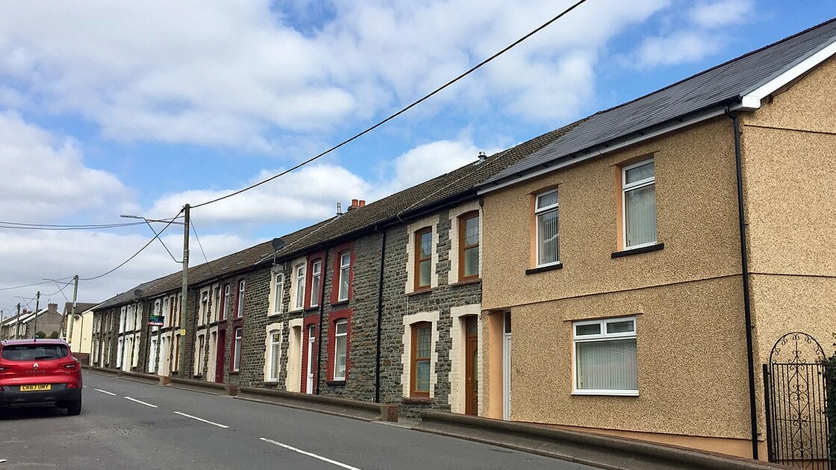 Terraced houses lining a street in Ynysybwl, Wales.