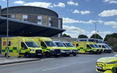 London Ambulance Service ambulances parked outside Queen’s Hospital in Romford, east London.