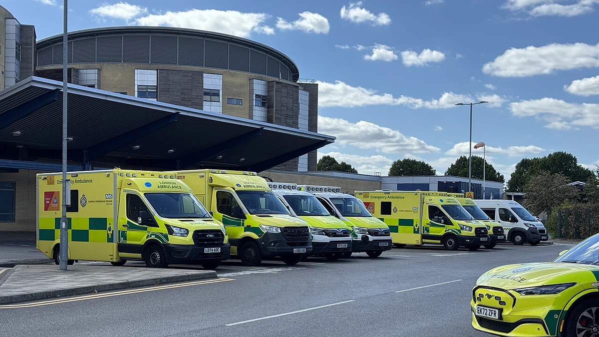 London Ambulance Service ambulances parked outside Queen’s Hospital in Romford, east London.