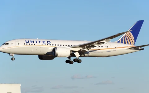 United Airlines Boeing 787-8 Dreamliner with landing gear extended near Tokyo Narita Airport.