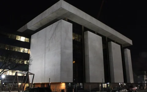 University of Michigan Institute for Social Research building in Ann Arbor, Michigan, at night.