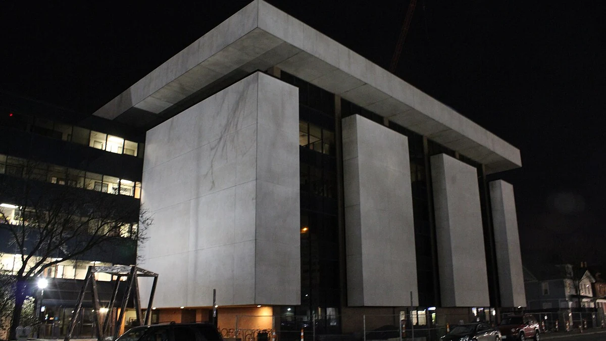 University of Michigan Institute for Social Research building in Ann Arbor, Michigan, at night.