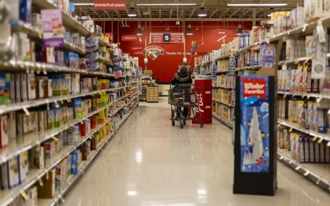 A shopper pushes a cart down a cereal and snack aisle in a Hannaford supermarket in Vermont.