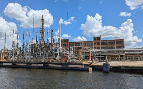 Industrial structures at the former LyondellBasell Houston refinery beside the Houston Ship Channel, photographed in 2024.