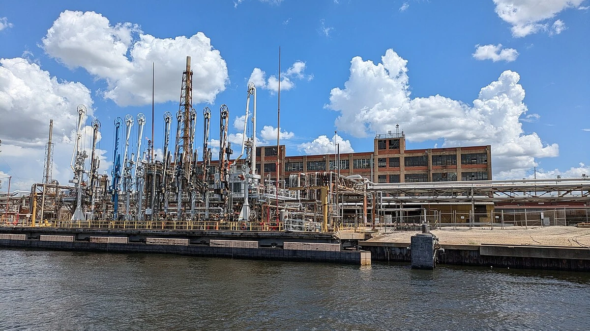 Industrial structures at the former LyondellBasell Houston refinery beside the Houston Ship Channel, photographed in 2024.