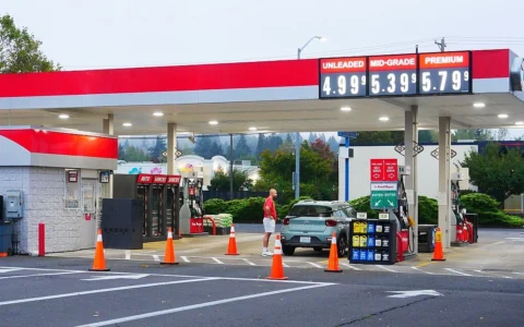 Gas station with posted prices for regular, mid-grade and premium gasoline.