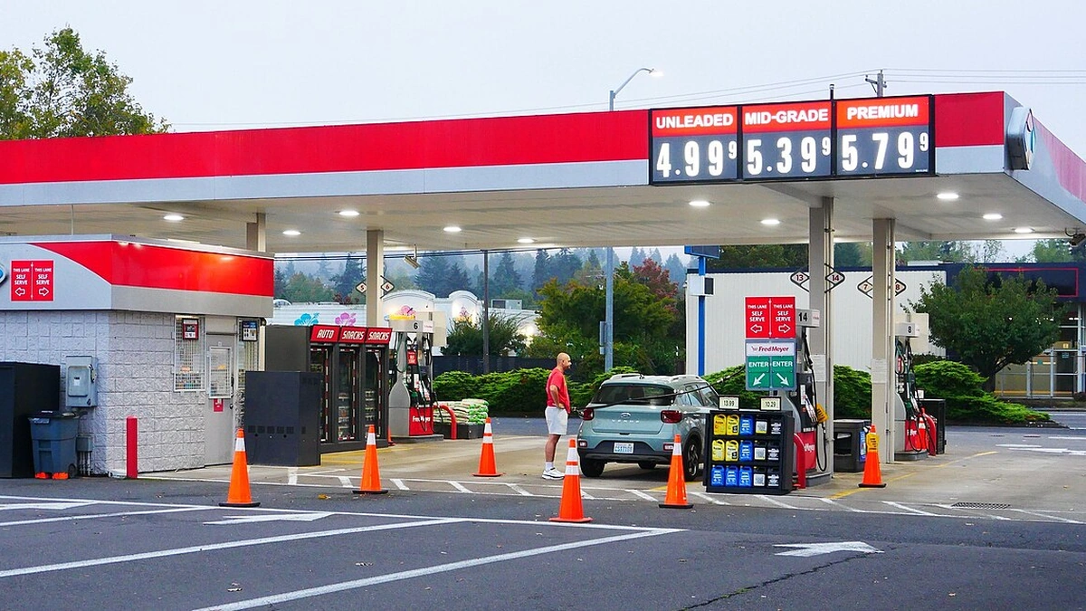Gas station with posted prices for regular, mid-grade and premium gasoline.