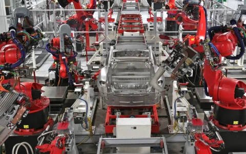 Red industrial robots surround an unfinished car body on a Tesla assembly line.