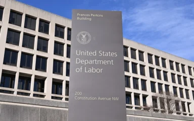 United States Department of Labor sign outside the Frances Perkins Building in Washington, D.C.