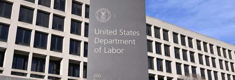 United States Department of Labor sign outside the Frances Perkins Building in Washington, D.C.