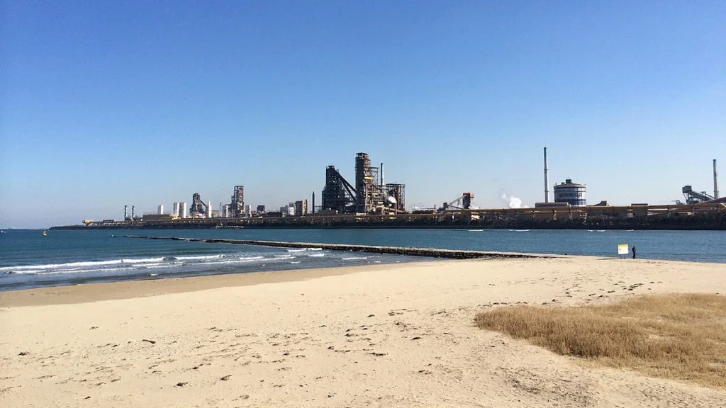 POSCO steelworks across the water from Songdo Beach in Pohang, South Korea.