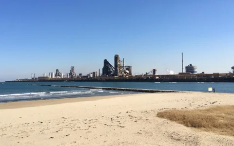 POSCO steelworks across the water from Songdo Beach in Pohang, South Korea.