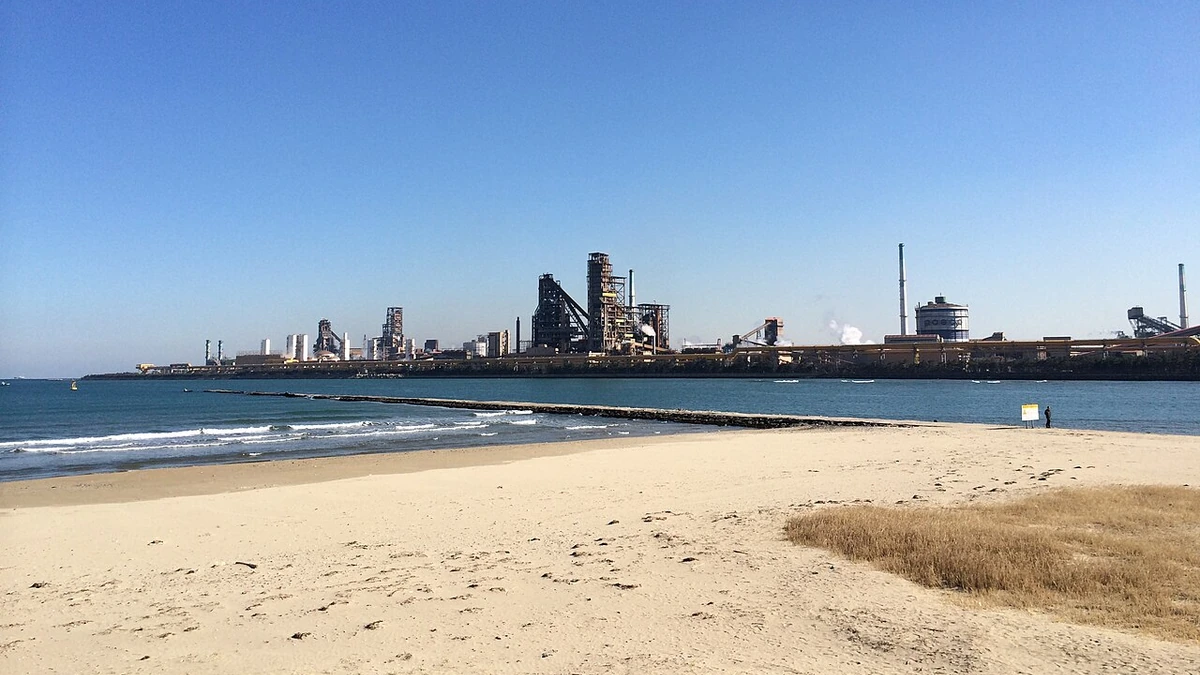 POSCO steelworks across the water from Songdo Beach in Pohang, South Korea.