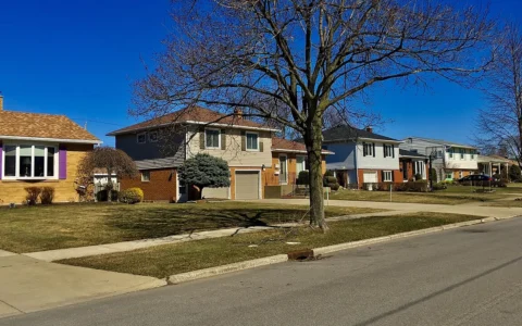 Detached suburban houses along Forest Hill Drive in Amherst, New York, beneath a blue sky.