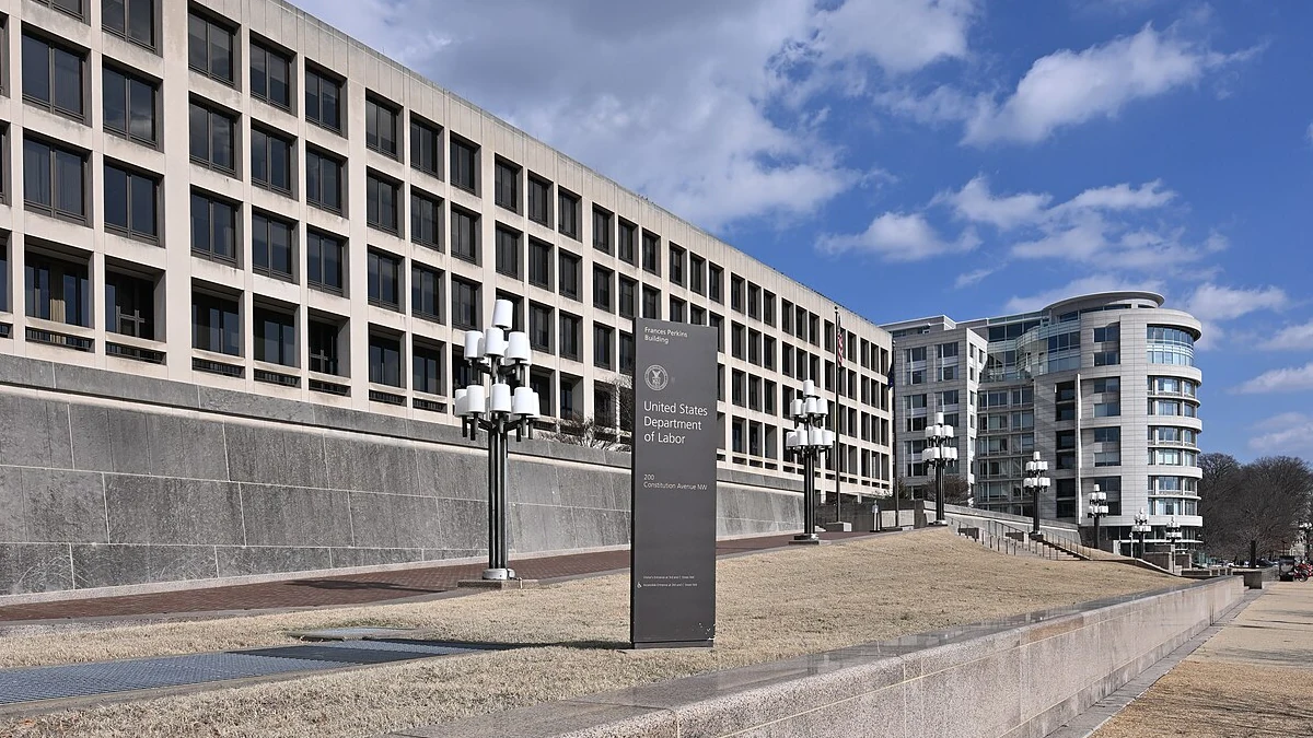 Sign for the United States Department of Labor in front of the Frances Perkins Building in Washington, D.C.