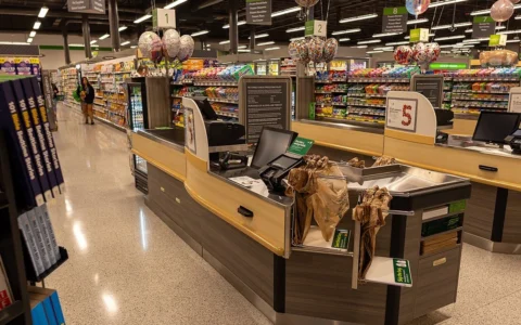 Checkout lanes, payment terminals and stocked merchandise inside a Publix supermarket in Orlando, Florida.