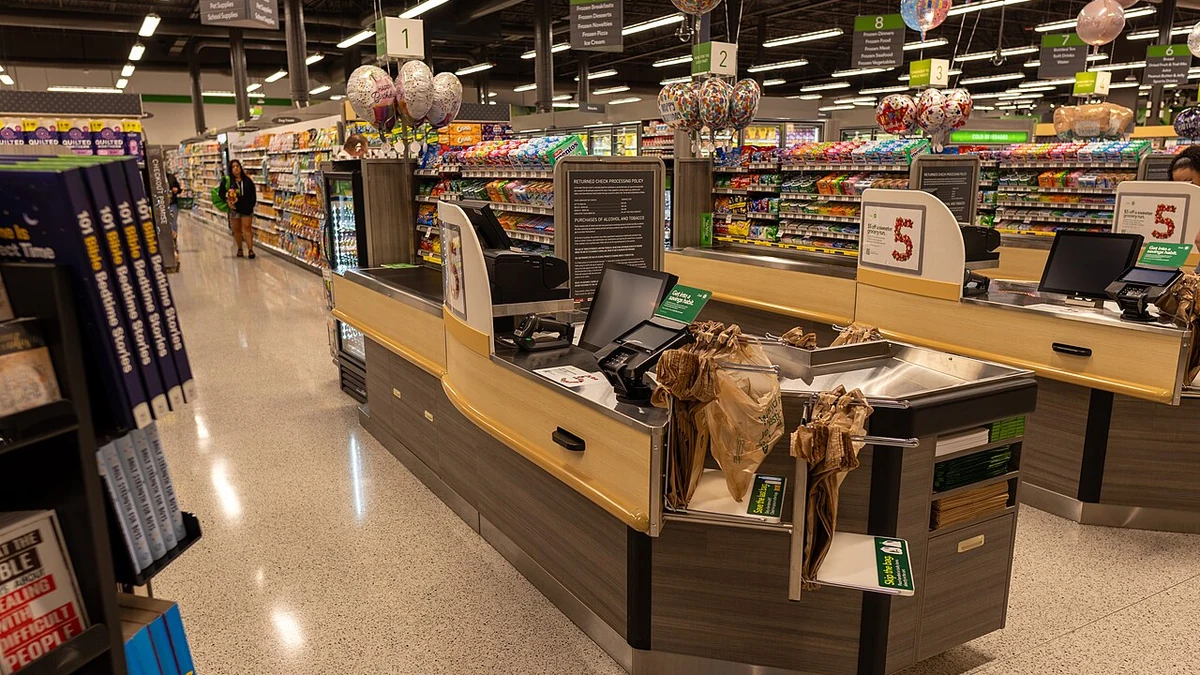 Checkout lanes, payment terminals and stocked merchandise inside a Publix supermarket in Orlando, Florida.