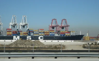 Container ship MSC Lucy being loaded with shipping containers at the Port of Long Beach in California.