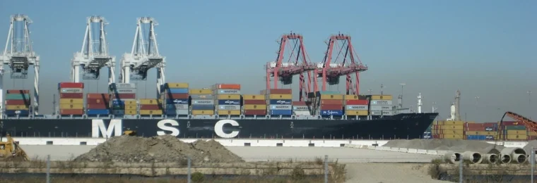 Container ship MSC Lucy being loaded with shipping containers at the Port of Long Beach in California.