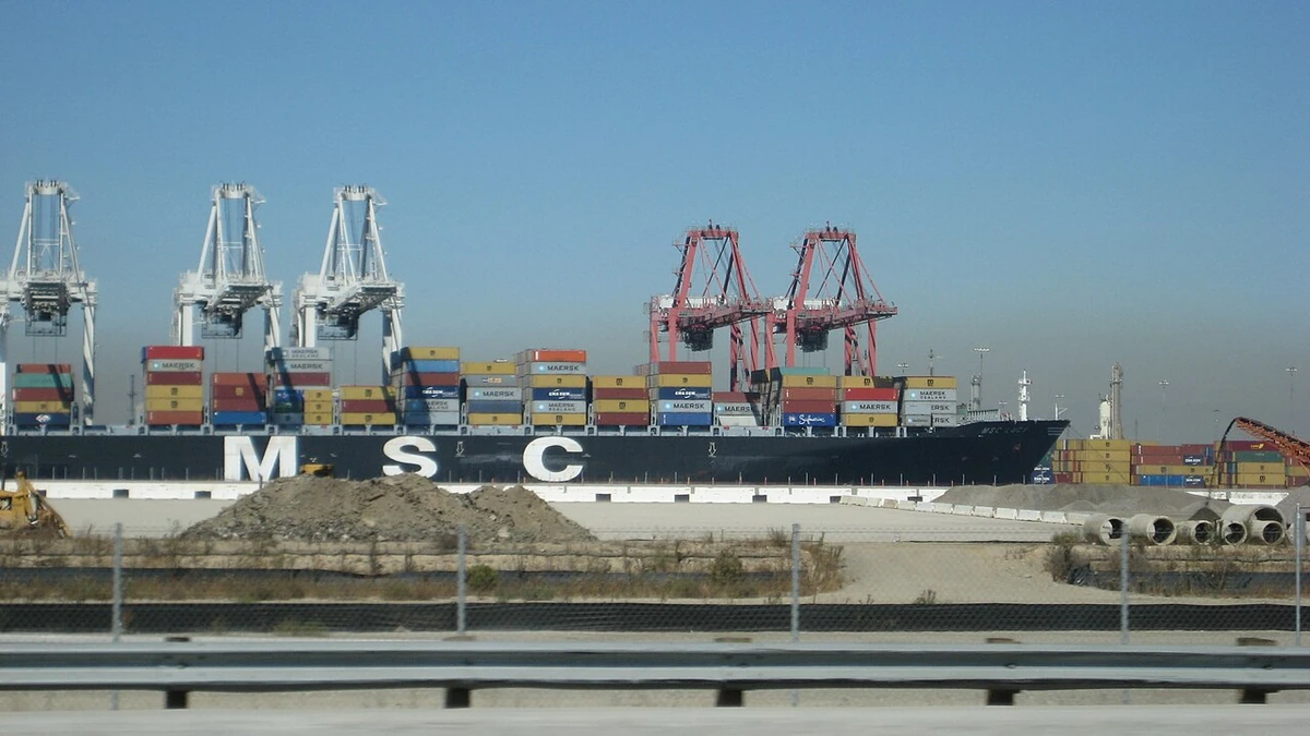 Container ship MSC Lucy being loaded with shipping containers at the Port of Long Beach in California.