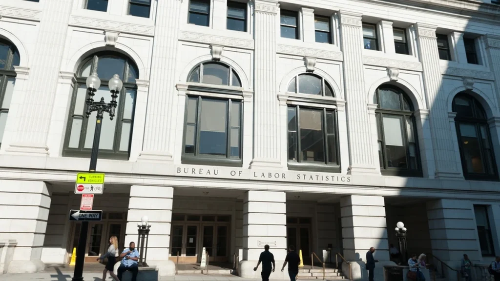 Entrance to the Bureau of Labor Statistics in Washington, D.C., with the agency name visible above the doors.
