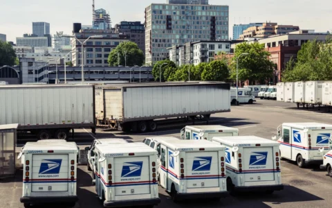 USPS delivery trucks and mail trailers parked at the Portland Main Post Office distribution facility in Oregon.