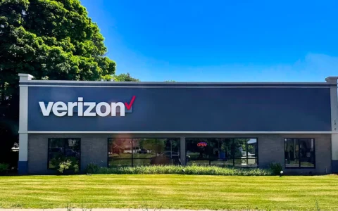 Verizon retail store exterior with the company logo in Burlington, Vermont.