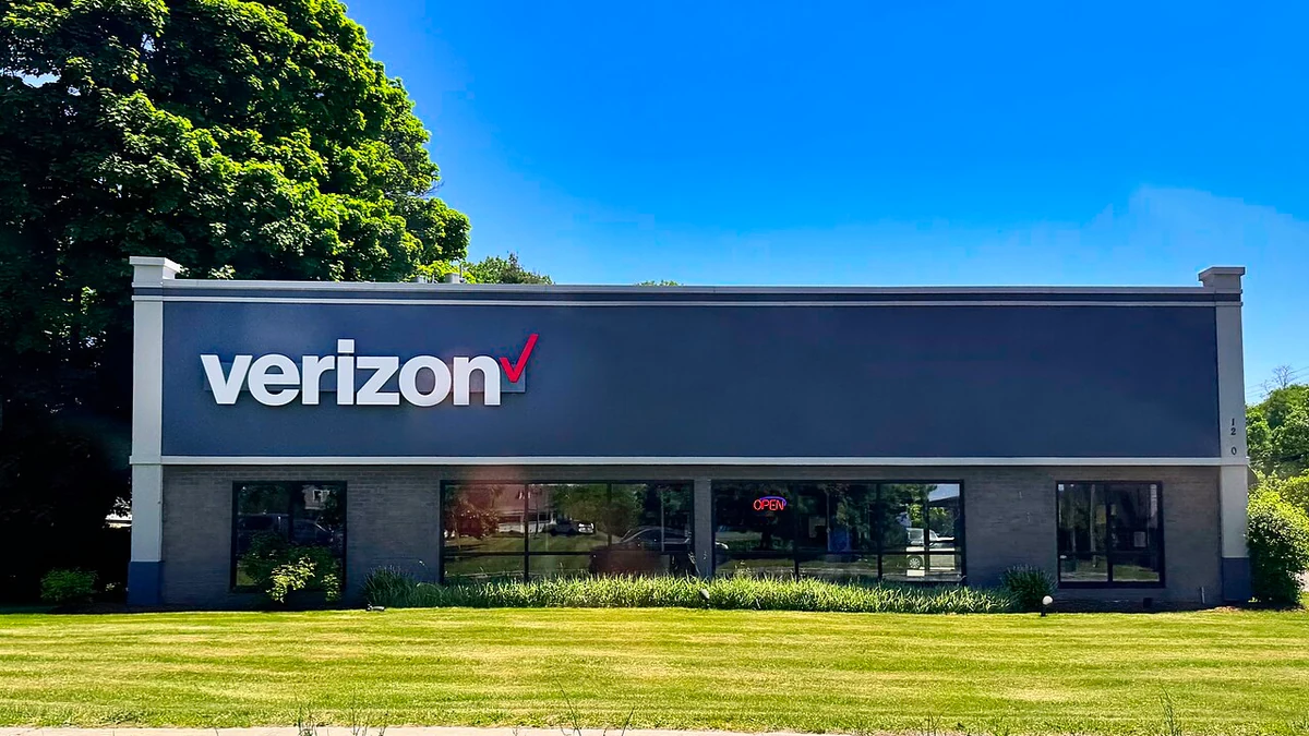 Verizon retail store exterior with the company logo in Burlington, Vermont.