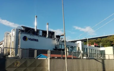 Viatris sign on the exterior of a pharmaceutical plant in Ortaköy, Istanbul, Turkey.