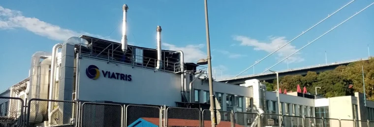 Viatris sign on the exterior of a pharmaceutical plant in Ortaköy, Istanbul, Turkey.