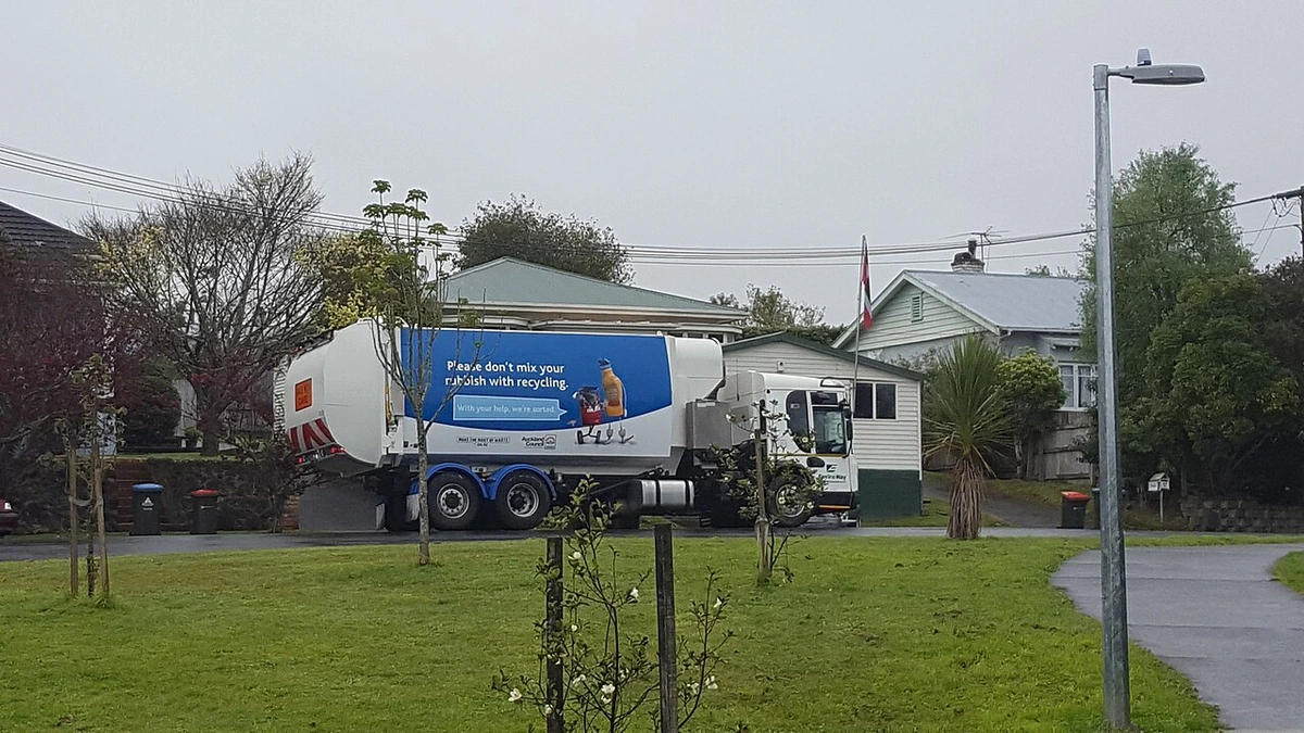 A rubbish collection truck on Cardigan Street in Auckland’s St Lukes and Western Springs area.