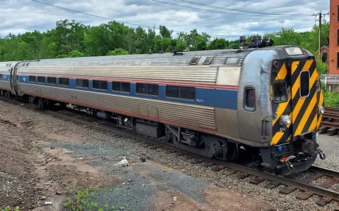 Southbound Amtrak Hartford Line train led by cab car 9647 passing through downtown Windsor Locks, Connecticut, in June 2025.